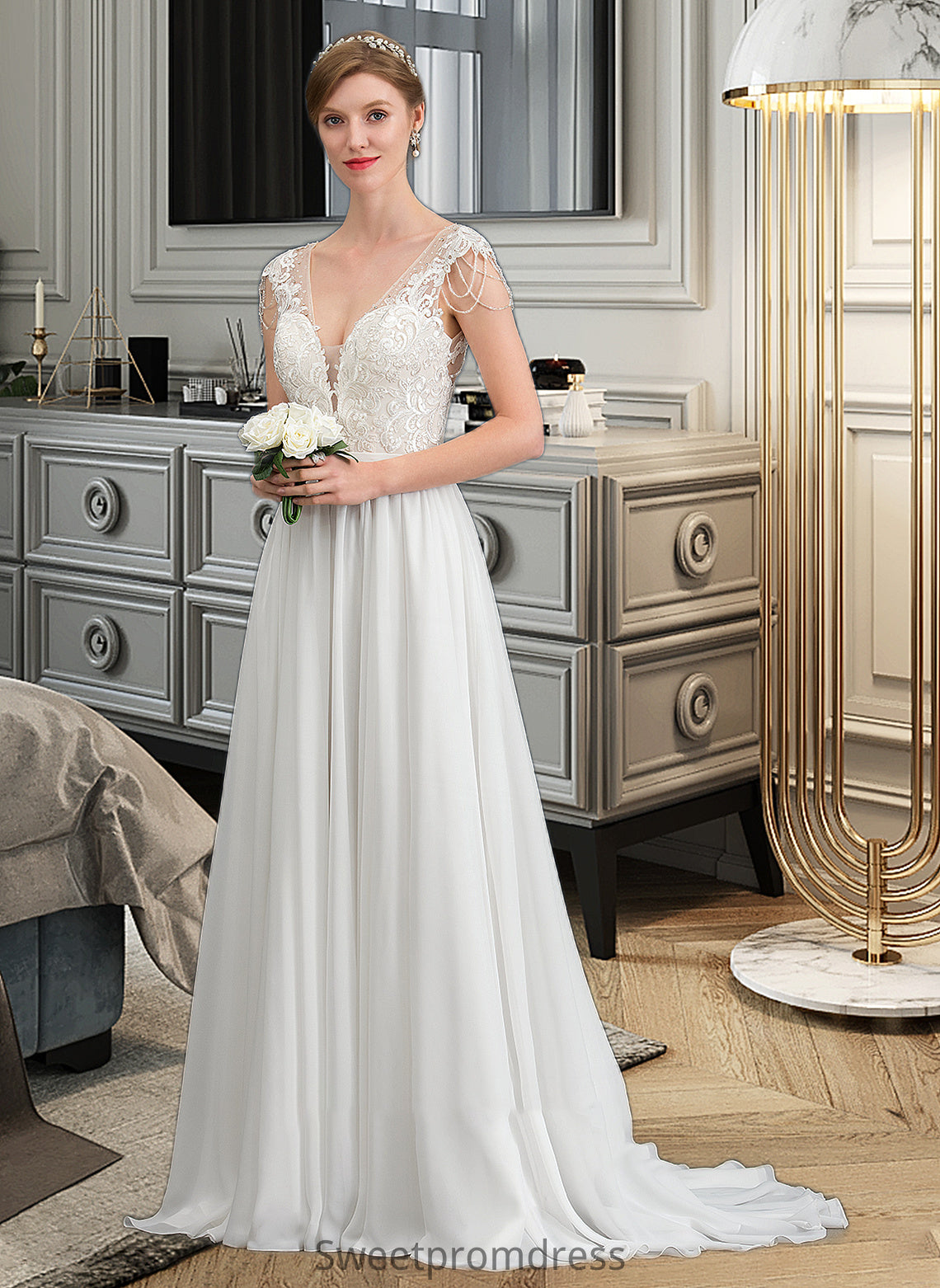 Yesenia A-Line V-neck Sweep Train Chiffon Wedding Dress With Beading Sequins DHP0013792