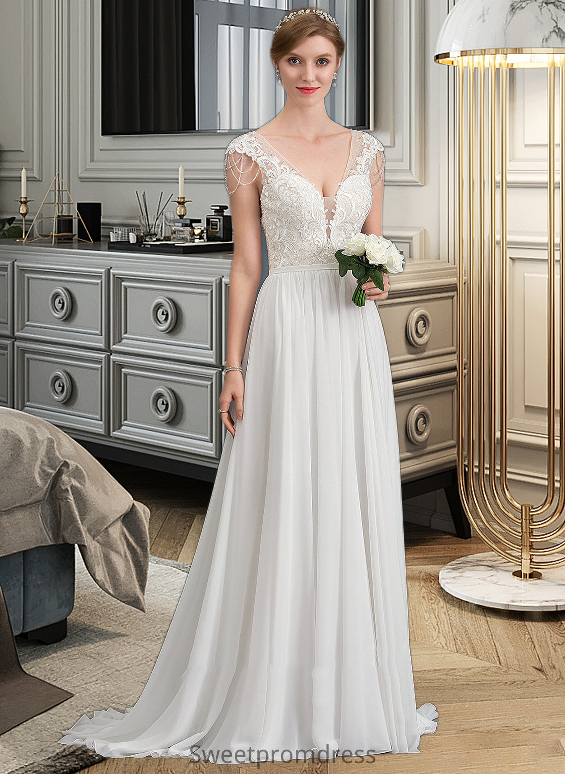 Yesenia A-Line V-neck Sweep Train Chiffon Wedding Dress With Beading Sequins DHP0013792