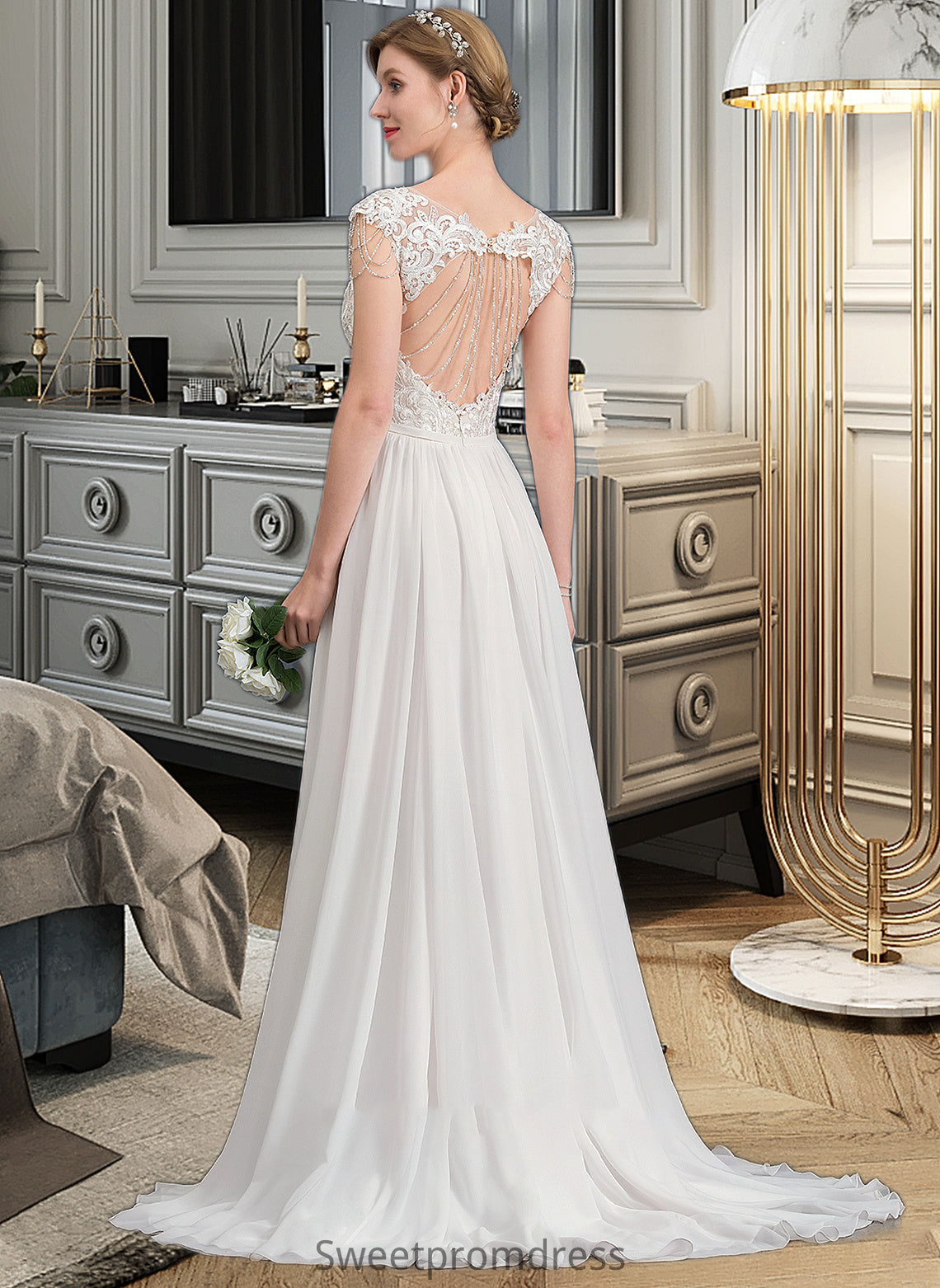 Yesenia A-Line V-neck Sweep Train Chiffon Wedding Dress With Beading Sequins DHP0013792