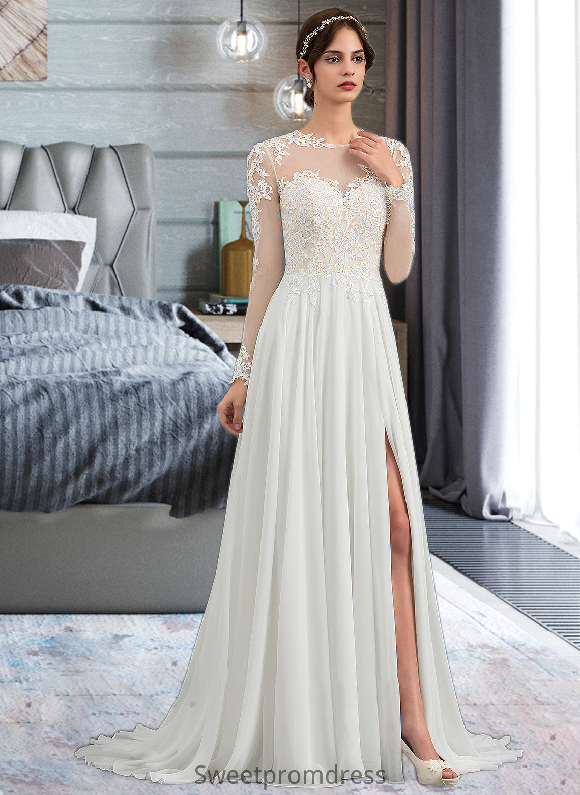 Lana A-Line Illusion Sweep Train Chiffon Wedding Dress With Appliques Lace Split Front DHP0013793