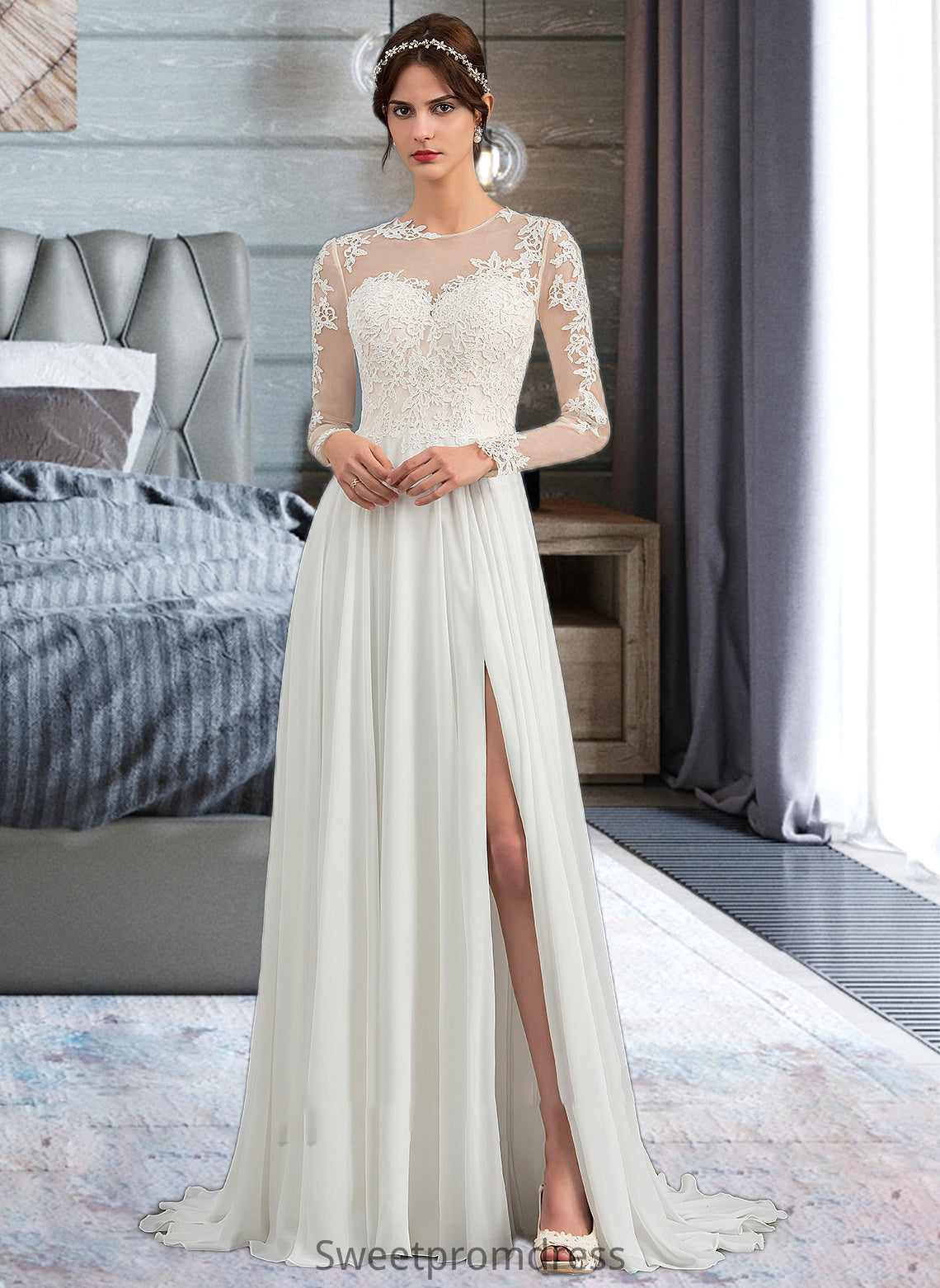 Lana A-Line Illusion Sweep Train Chiffon Wedding Dress With Appliques Lace Split Front DHP0013793