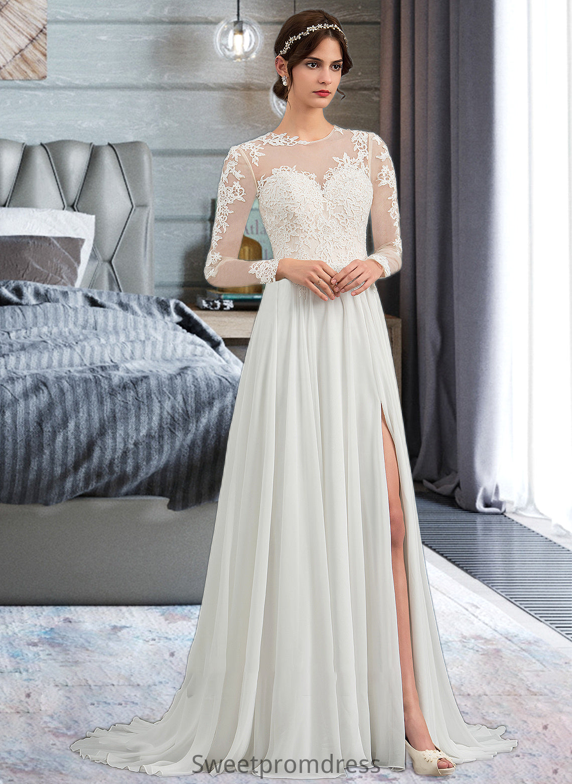 Lana A-Line Illusion Sweep Train Chiffon Wedding Dress With Appliques Lace Split Front DHP0013793