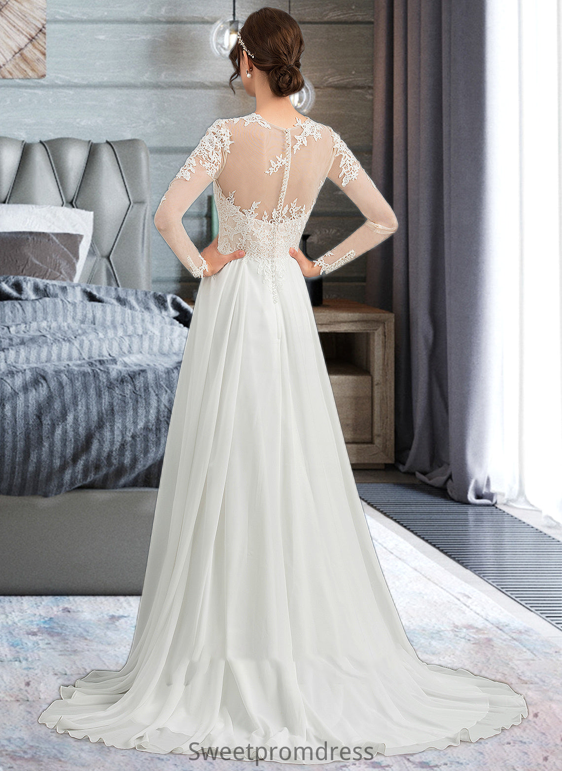 Lana A-Line Illusion Sweep Train Chiffon Wedding Dress With Appliques Lace Split Front DHP0013793