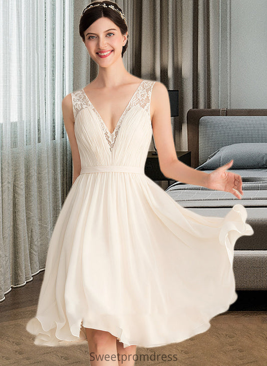 Francesca A-Line V-neck Knee-Length Chiffon Lace Wedding Dress With Ruffle DHP0013794