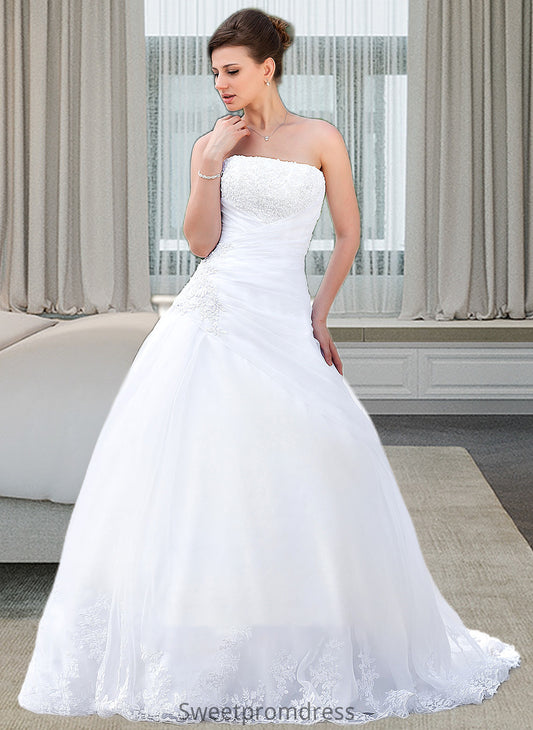 Sarai Ball-Gown/Princess Strapless Chapel Train Satin Organza Wedding Dress With Lace Beading DHP0013796