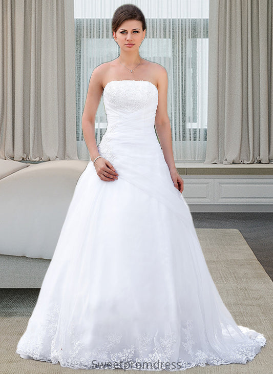 Sarai Ball-Gown/Princess Strapless Chapel Train Satin Organza Wedding Dress With Lace Beading DHP0013796