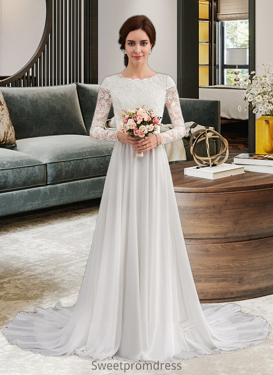 Stella A-Line Scoop Neck Court Train Chiffon Wedding Dress With Beading DHP0013800