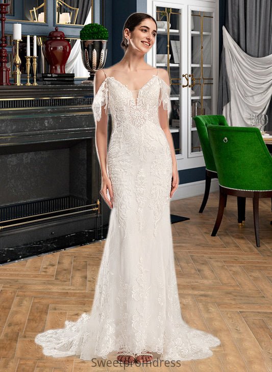 Fatima Trumpet/Mermaid V-neck Chapel Train Wedding Dress With Beading Sequins DHP0013802