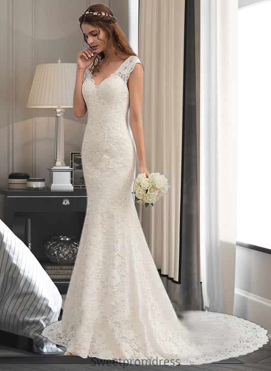 Jaylyn Trumpet/Mermaid V-neck Court Train Lace Wedding Dress DHP0013804