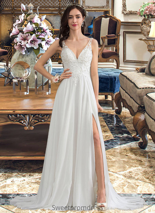 Hedwig A-Line V-neck Sweep Train Chiffon Wedding Dress With Beading Sequins Split Front DHP0013806