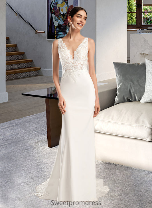 Nicky Sheath/Column V-neck Court Train Wedding Dress With Sequins DHP0013807