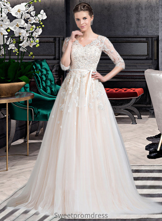 Haley Ball-Gown/Princess V-neck Court Train Tulle Wedding Dress With Beading Appliques Lace Sequins Bow(s) DHP0013809