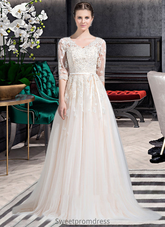 Haley Ball-Gown/Princess V-neck Court Train Tulle Wedding Dress With Beading Appliques Lace Sequins Bow(s) DHP0013809