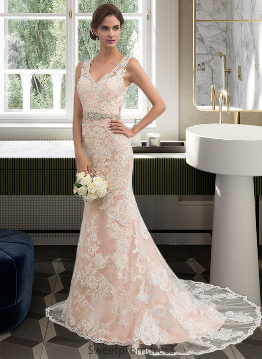 Makaila Trumpet/Mermaid V-neck Chapel Train Tulle Lace Wedding Dress With Beading DHP0013810