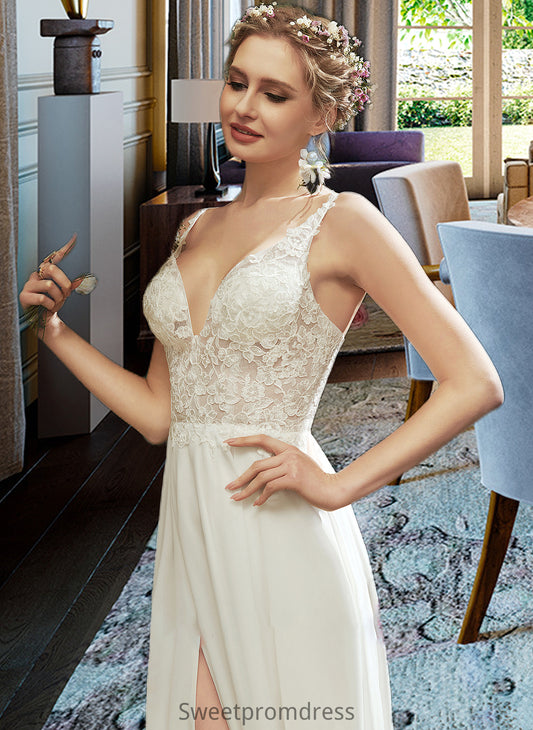 Lauryn A-Line V-neck Floor-Length Wedding Dress With Lace Split Front DHP0013815