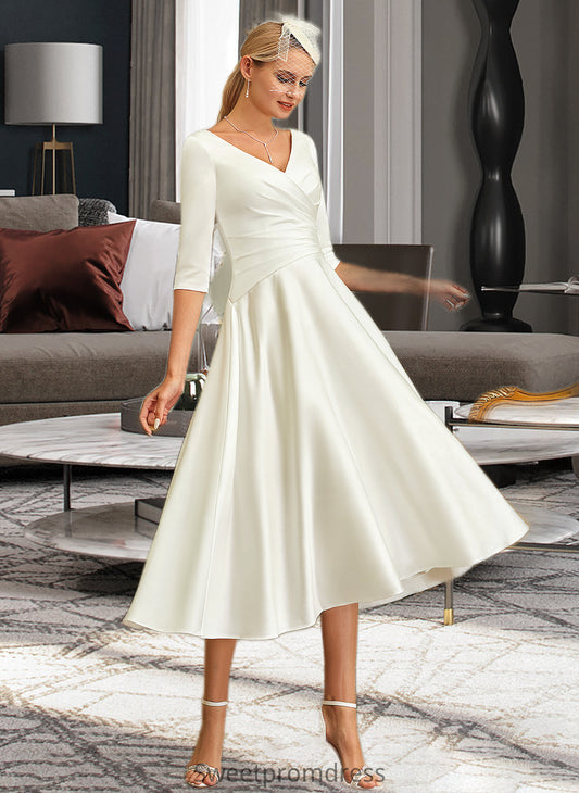 Meghan A-Line V-neck Tea-Length Satin Wedding Dress DHP0013817