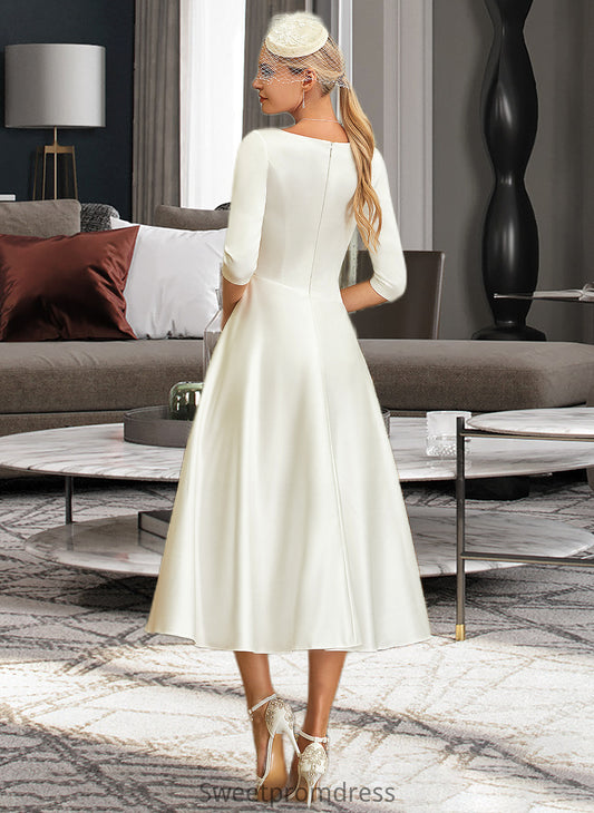 Meghan A-Line V-neck Tea-Length Satin Wedding Dress DHP0013817