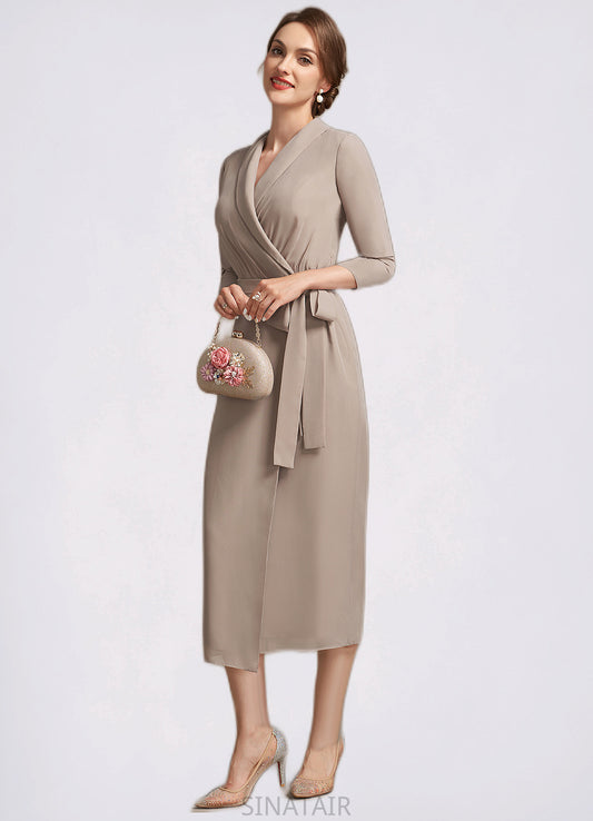 Scarlett Sheath/Column V-neck Tea-Length Chiffon Mother of the Bride Dress With Bow(s) DH126P0014891