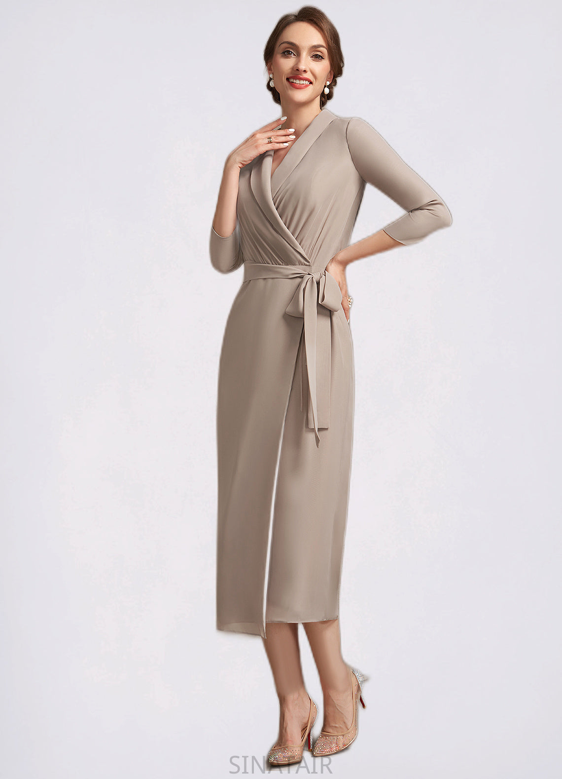 Scarlett Sheath/Column V-neck Tea-Length Chiffon Mother of the Bride Dress With Bow(s) DH126P0014891