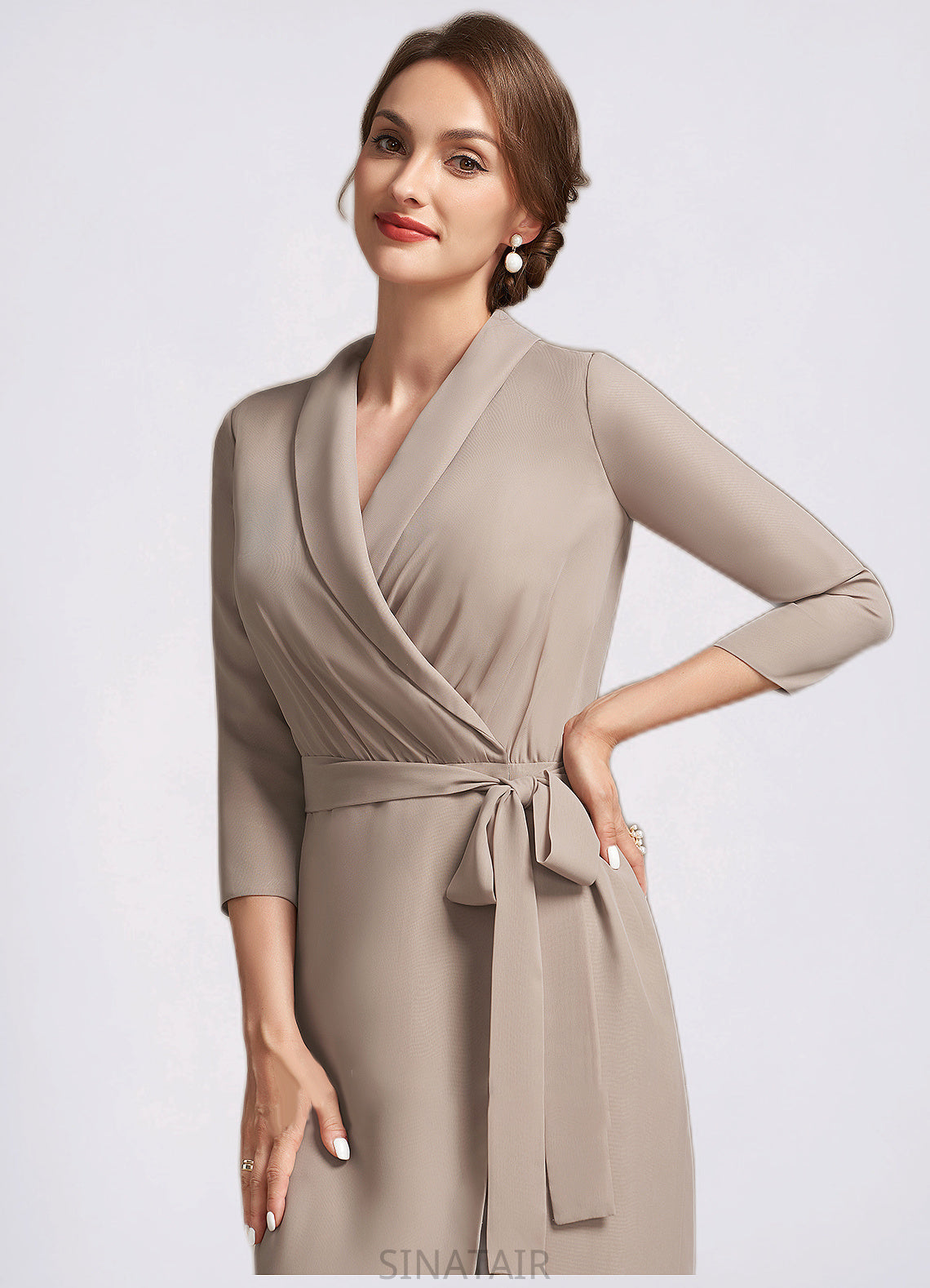 Scarlett Sheath/Column V-neck Tea-Length Chiffon Mother of the Bride Dress With Bow(s) DH126P0014891