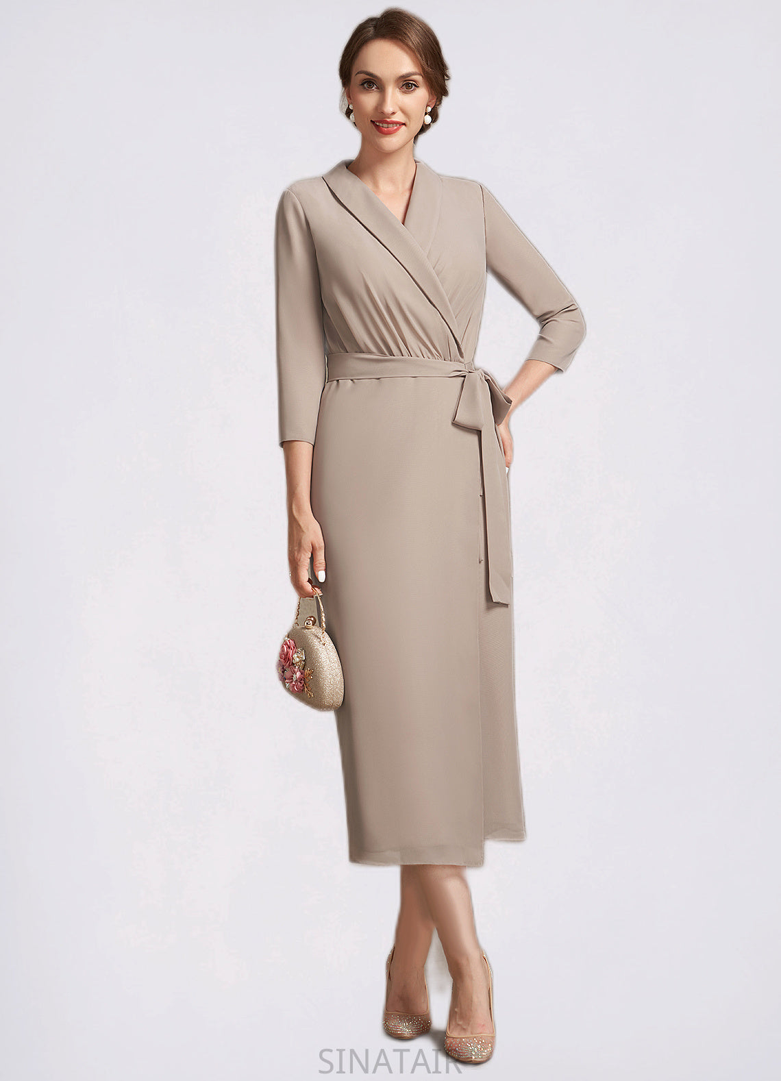 Scarlett Sheath/Column V-neck Tea-Length Chiffon Mother of the Bride Dress With Bow(s) DH126P0014891