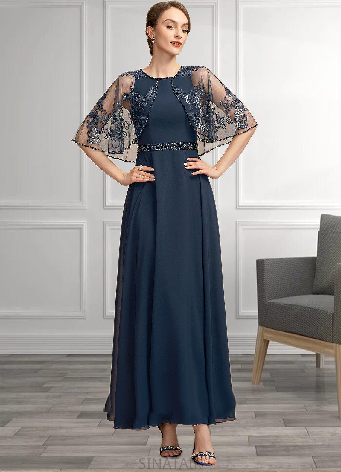 Stephany A-Line Scoop Neck Ankle-Length Chiffon Lace Mother of the Bride Dress With Beading Sequins DH126P0014892