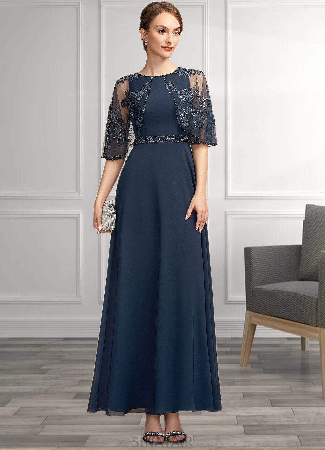 Stephany A-Line Scoop Neck Ankle-Length Chiffon Lace Mother of the Bride Dress With Beading Sequins DH126P0014892