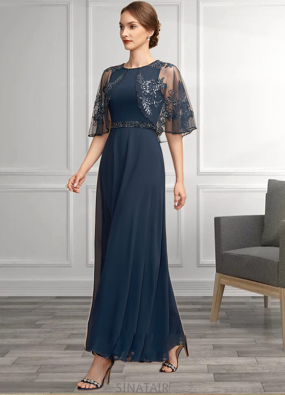 Stephany A-Line Scoop Neck Ankle-Length Chiffon Lace Mother of the Bride Dress With Beading Sequins DH126P0014892