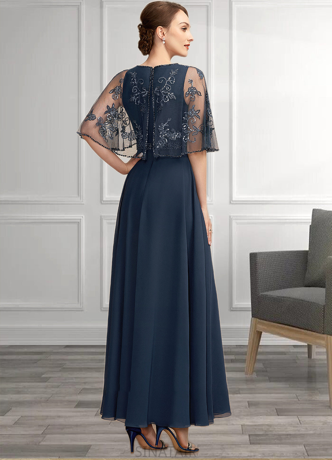 Stephany A-Line Scoop Neck Ankle-Length Chiffon Lace Mother of the Bride Dress With Beading Sequins DH126P0014892