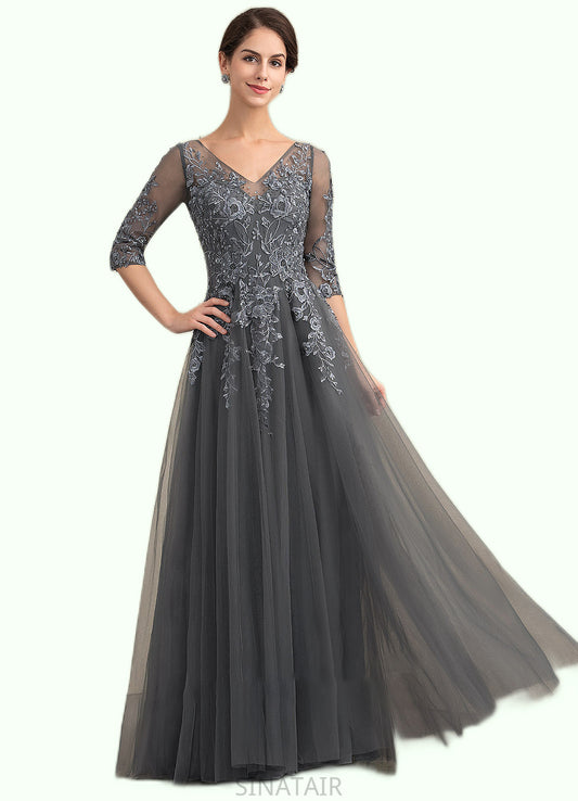 Eleanor A-Line V-neck Floor-Length Tulle Lace Mother of the Bride Dress With Beading Sequins DH126P0014895