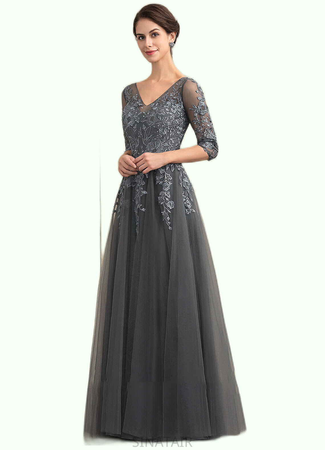 Eleanor A-Line V-neck Floor-Length Tulle Lace Mother of the Bride Dress With Beading Sequins DH126P0014895