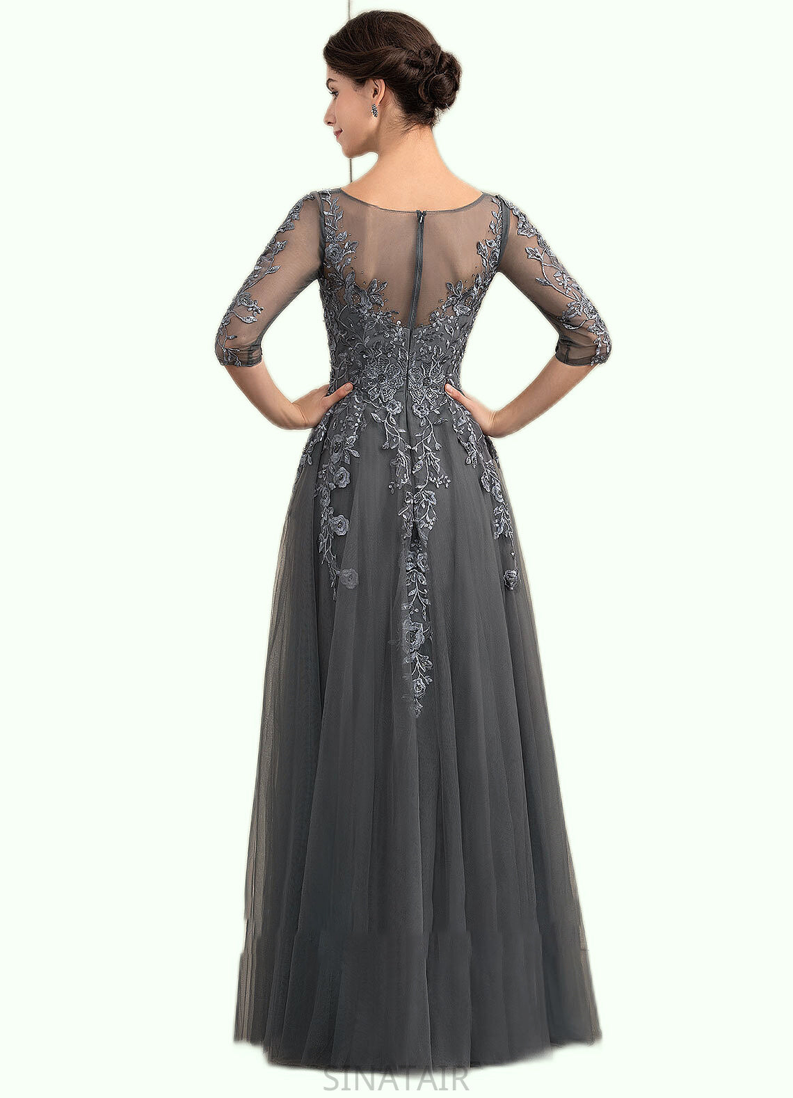 Eleanor A-Line V-neck Floor-Length Tulle Lace Mother of the Bride Dress With Beading Sequins DH126P0014895