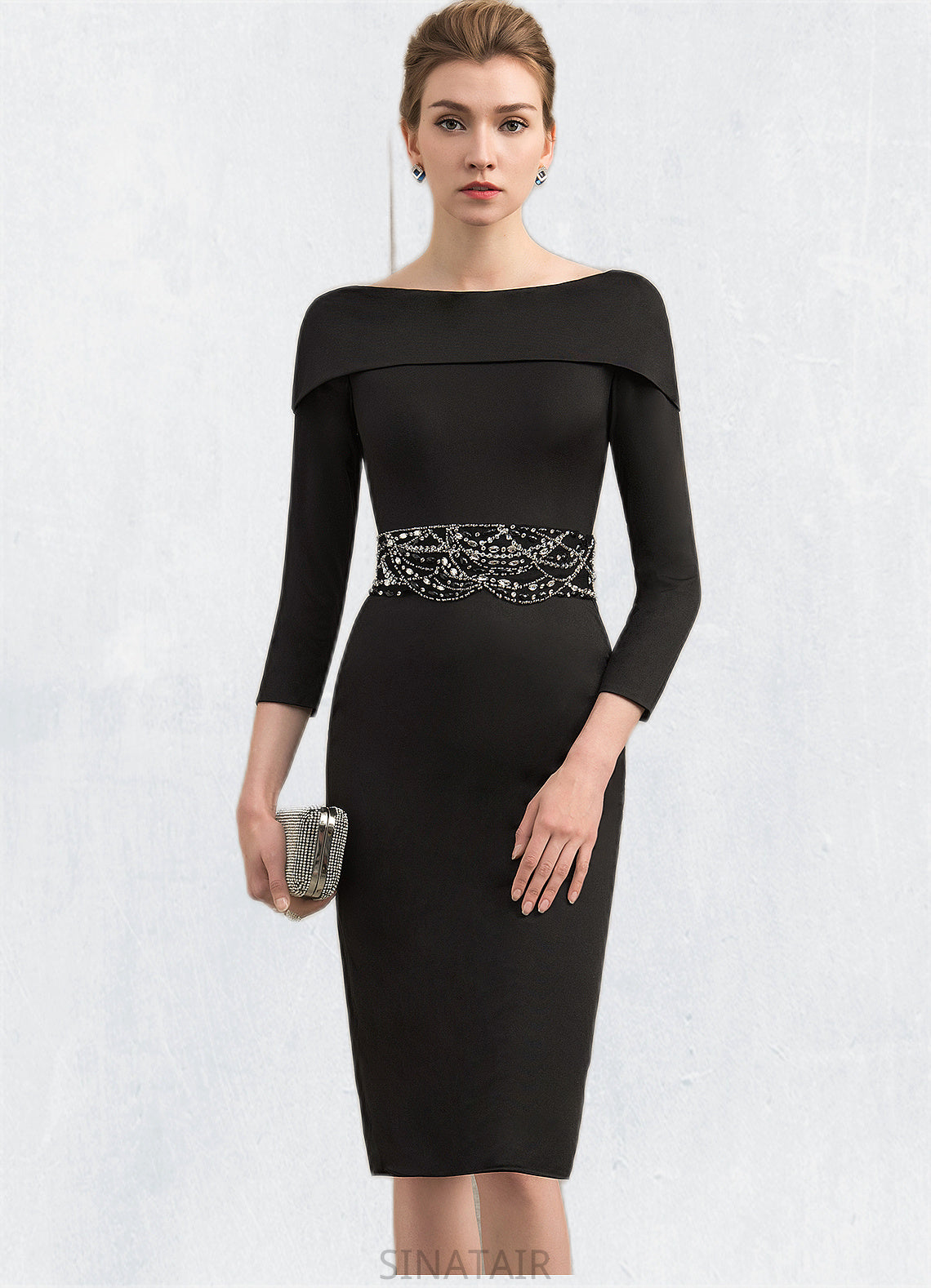 Aniyah Sheath/Column Off-the-Shoulder Knee-Length Jersey Mother of the Bride Dress With Beading Sequins DH126P0014897