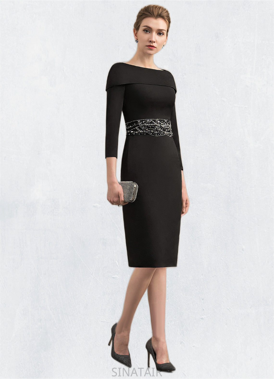 Aniyah Sheath/Column Off-the-Shoulder Knee-Length Jersey Mother of the Bride Dress With Beading Sequins DH126P0014897