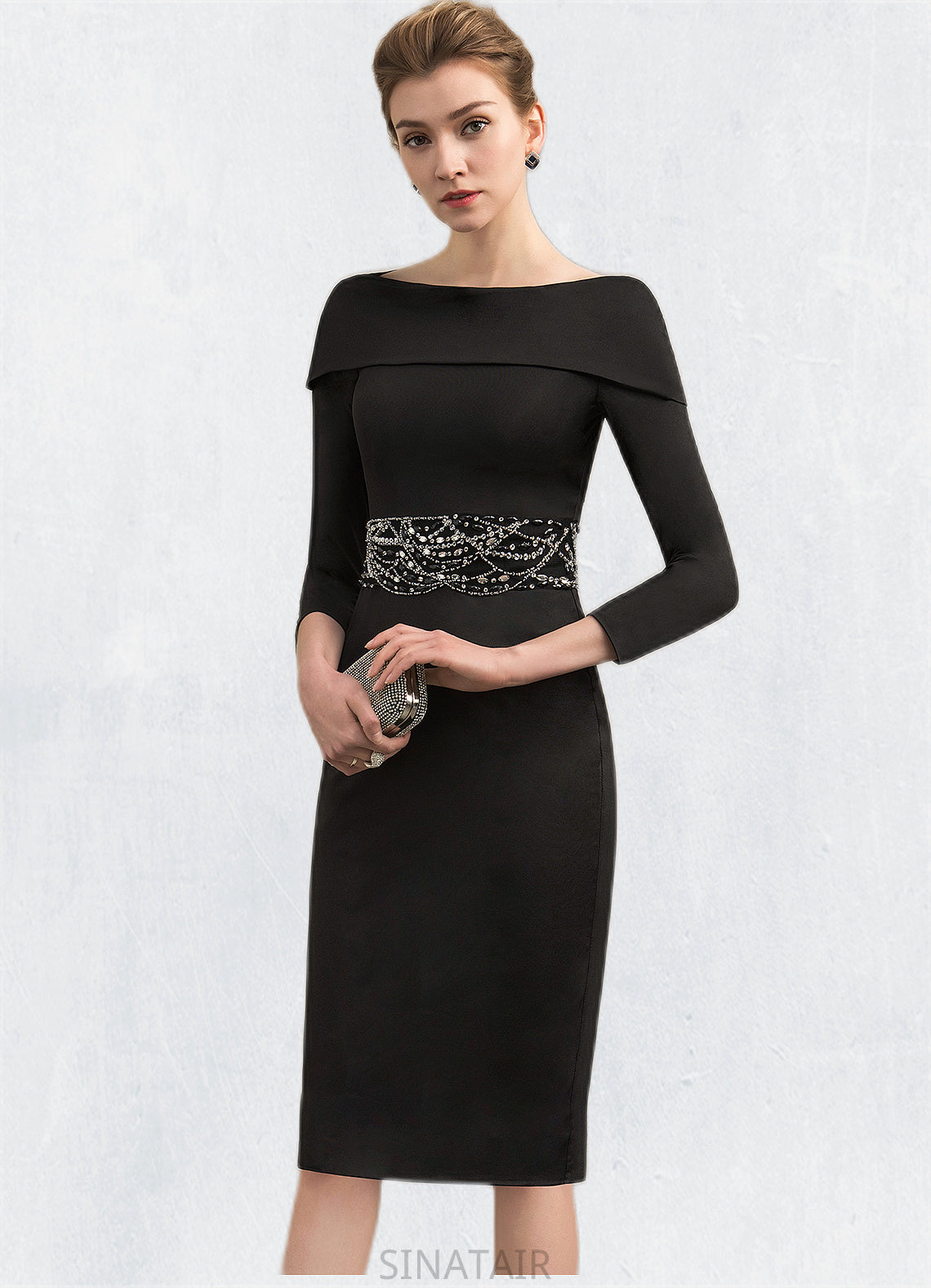 Aniyah Sheath/Column Off-the-Shoulder Knee-Length Jersey Mother of the Bride Dress With Beading Sequins DH126P0014897