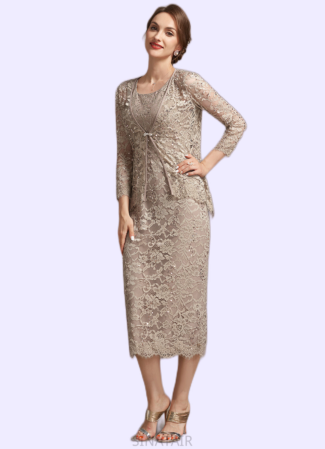 Genesis Sheath/Column Scoop Neck Tea-Length Lace Mother of the Bride Dress With Sequins DH126P0014898