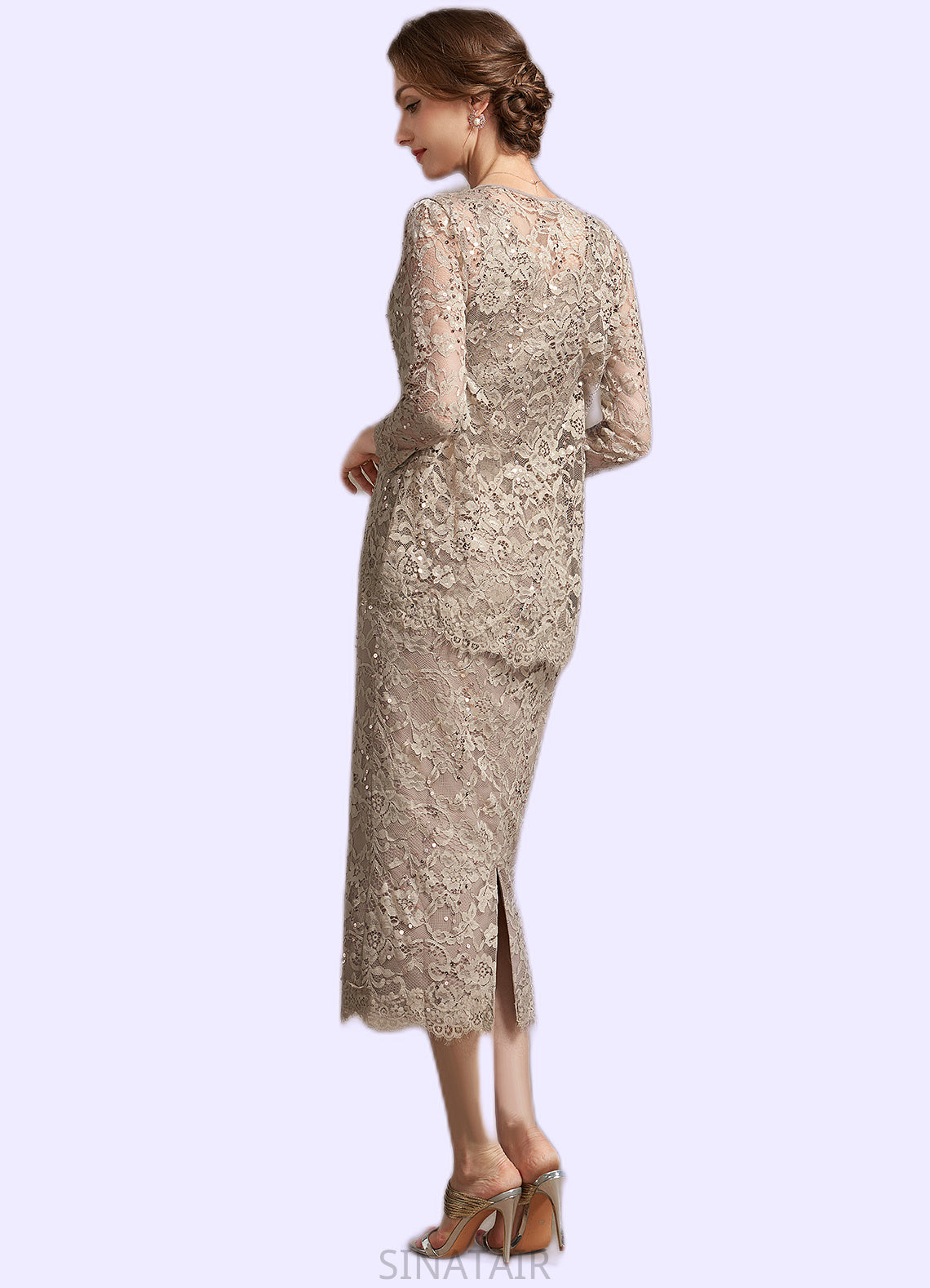 Genesis Sheath/Column Scoop Neck Tea-Length Lace Mother of the Bride Dress With Sequins DH126P0014898