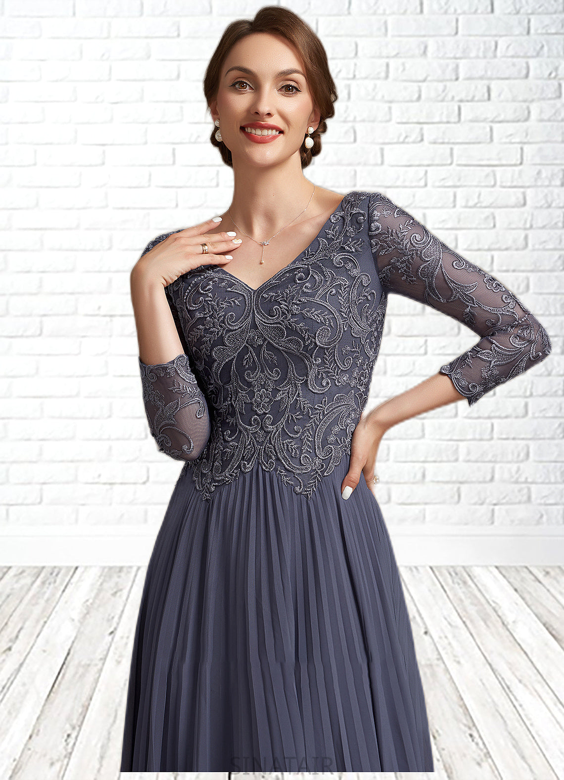 Melinda A-Line V-neck Ankle-Length Chiffon Lace Mother of the Bride Dress DH126P0014899