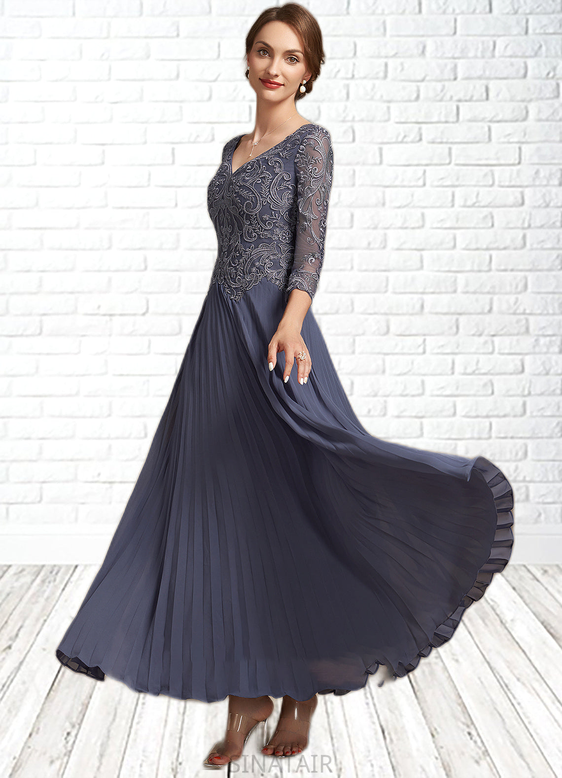 Melinda A-Line V-neck Ankle-Length Chiffon Lace Mother of the Bride Dress DH126P0014899