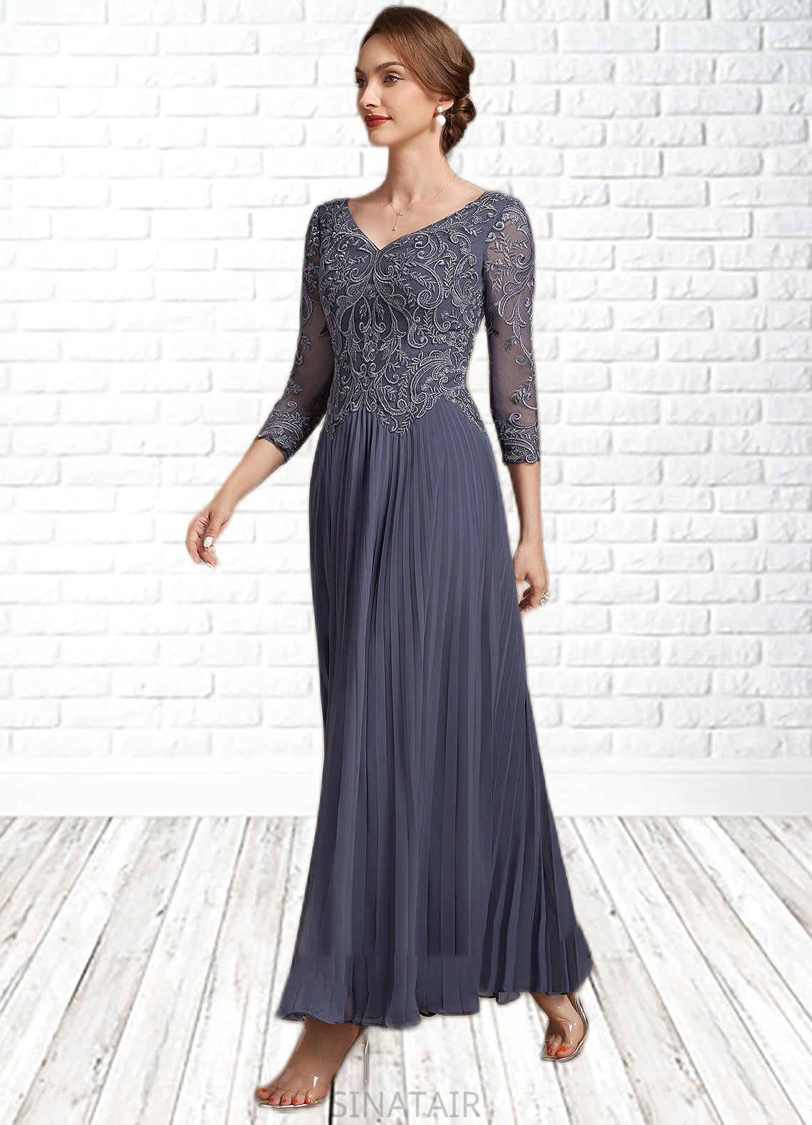 Melinda A-Line V-neck Ankle-Length Chiffon Lace Mother of the Bride Dress DH126P0014899