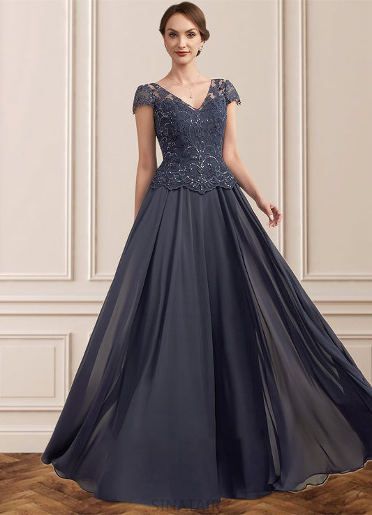 Sheila A-Line V-neck Floor-Length Chiffon Lace Mother of the Bride Dress With Sequins DH126P0014901