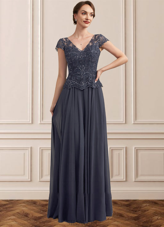 Sheila A-Line V-neck Floor-Length Chiffon Lace Mother of the Bride Dress With Sequins DH126P0014901