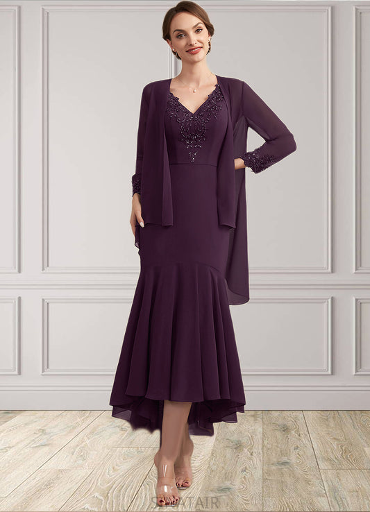 Jacey Trumpet/Mermaid V-neck Asymmetrical Chiffon Mother of the Bride Dress With Lace Beading Sequins DH126P0014902