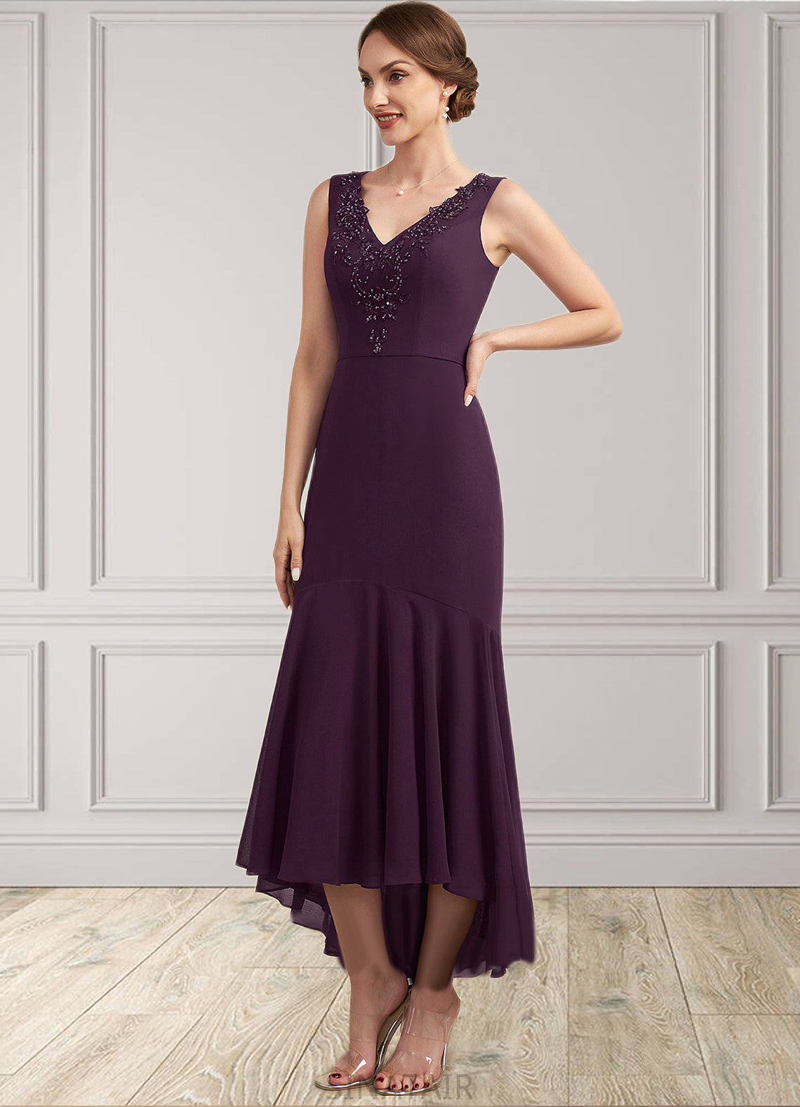 Jacey Trumpet/Mermaid V-neck Asymmetrical Chiffon Mother of the Bride Dress With Lace Beading Sequins DH126P0014902