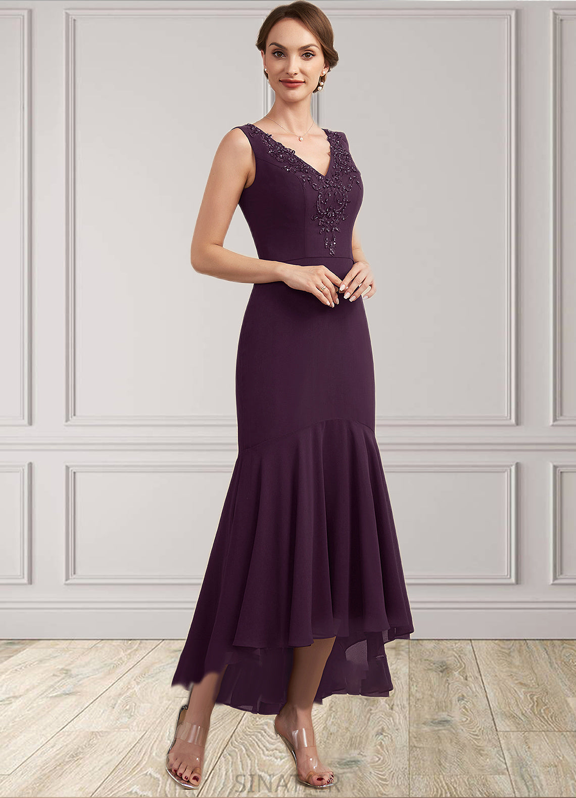 Jacey Trumpet/Mermaid V-neck Asymmetrical Chiffon Mother of the Bride Dress With Lace Beading Sequins DH126P0014902