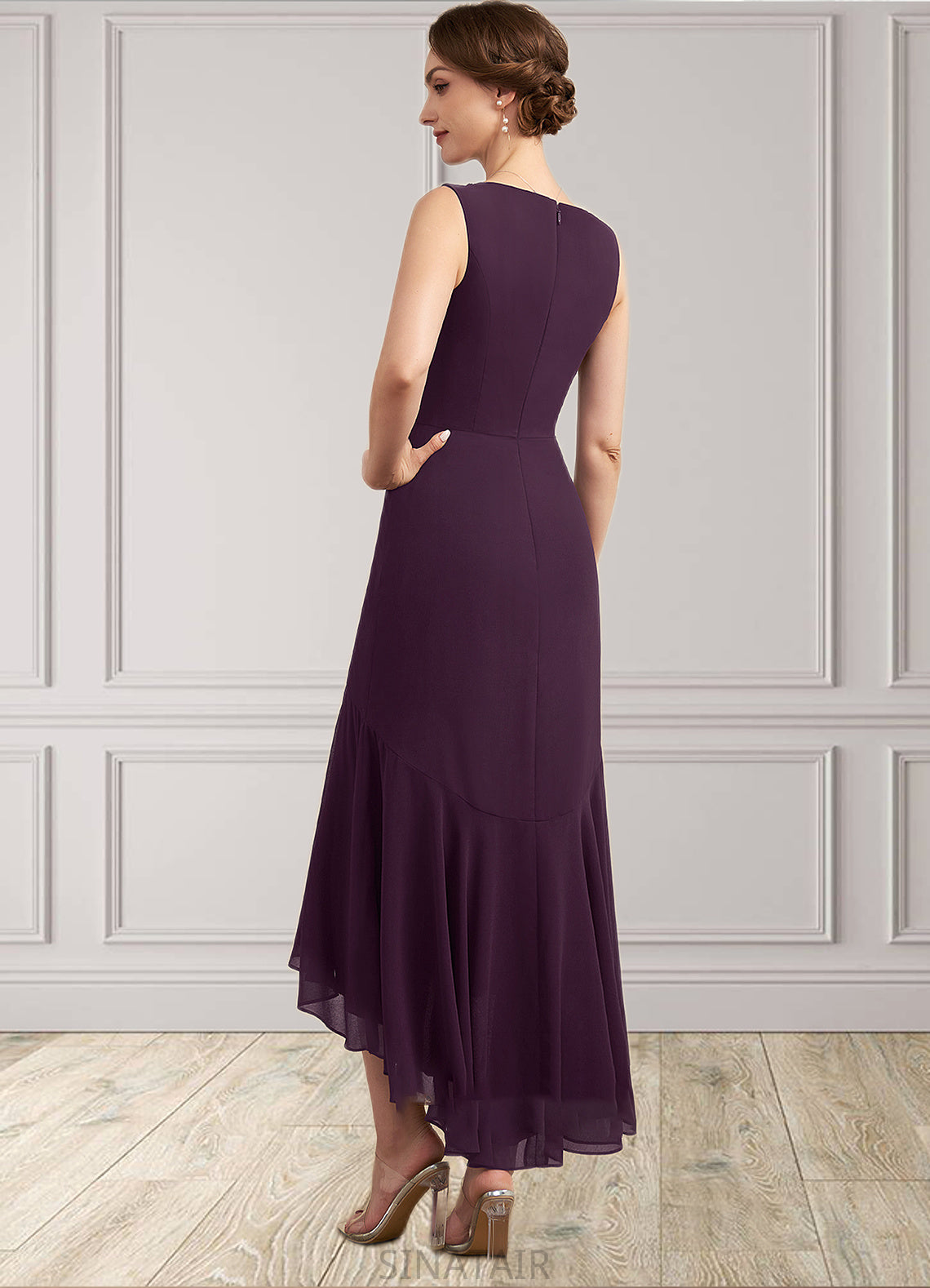 Jacey Trumpet/Mermaid V-neck Asymmetrical Chiffon Mother of the Bride Dress With Lace Beading Sequins DH126P0014902