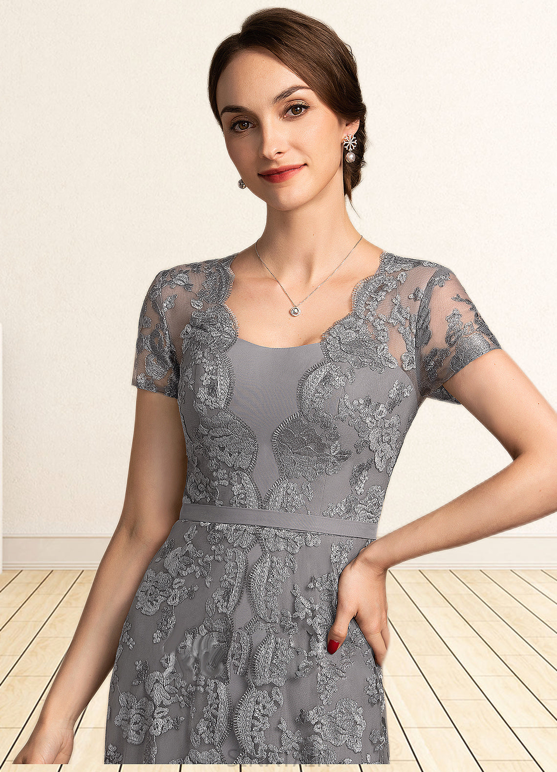 Aubree A-Line Square Neckline Sweep Train Chiffon Lace Mother of the Bride Dress DH126P0014903