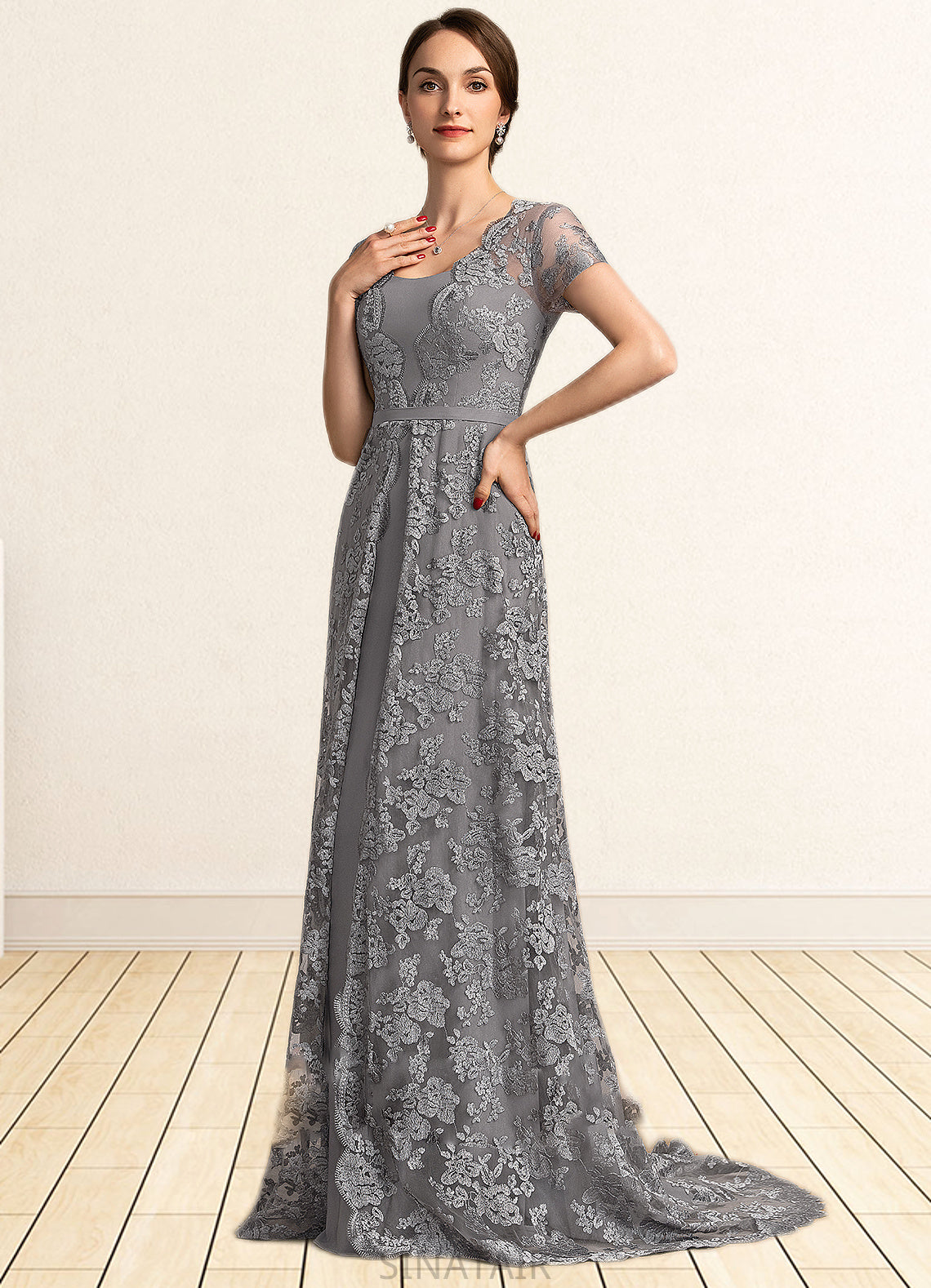 Aubree A-Line Square Neckline Sweep Train Chiffon Lace Mother of the Bride Dress DH126P0014903