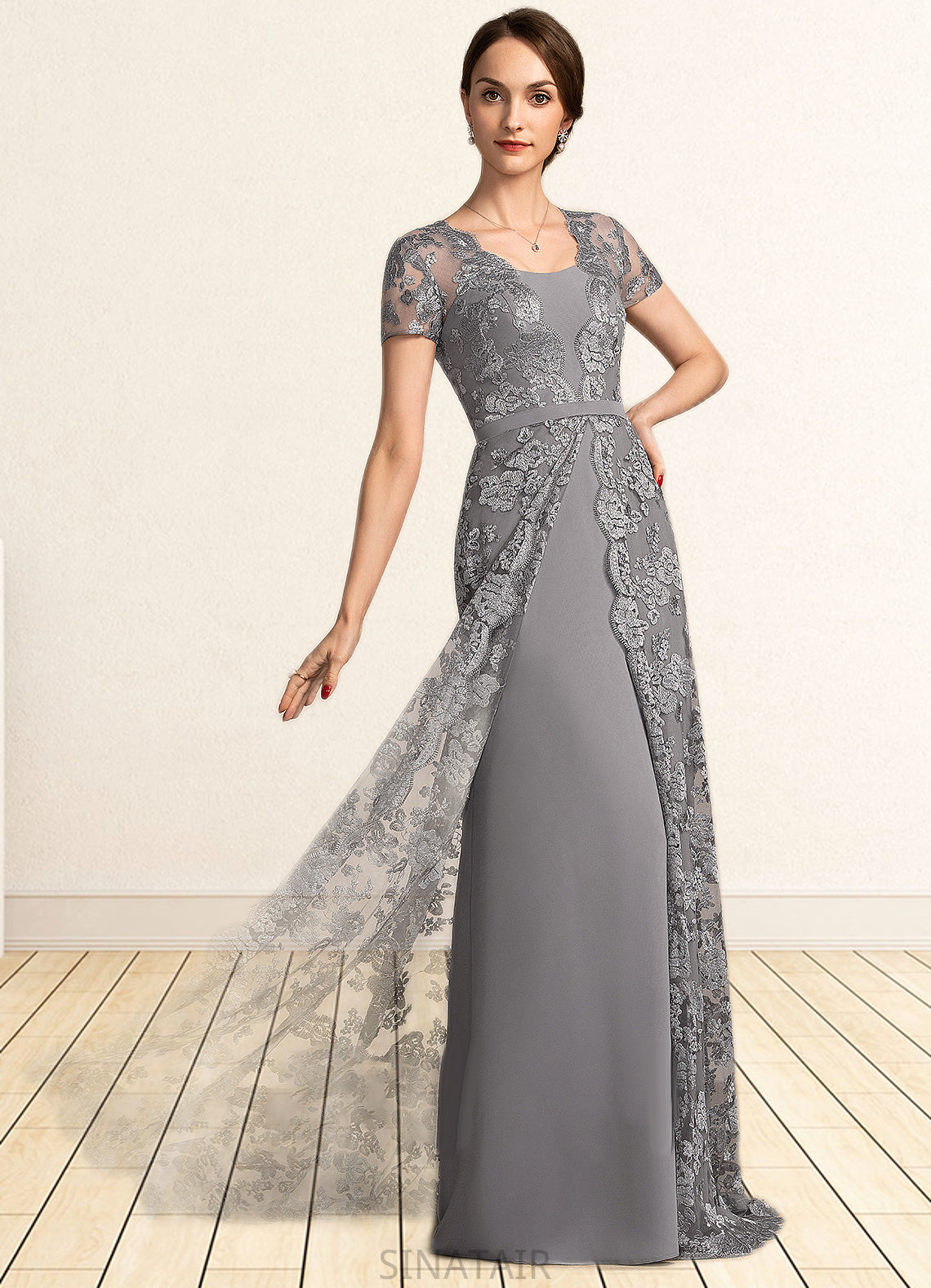 Aubree A-Line Square Neckline Sweep Train Chiffon Lace Mother of the Bride Dress DH126P0014903