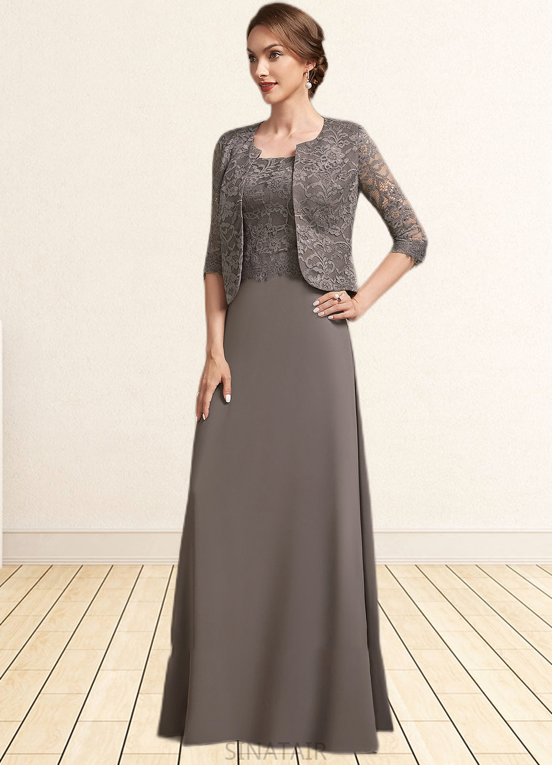 Jaylynn A-Line Square Neckline Floor-Length Chiffon Lace Mother of the Bride Dress DH126P0014904